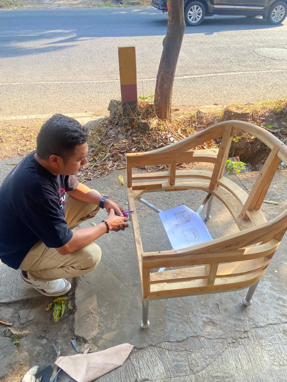 Checking a sofa frame against its drawing