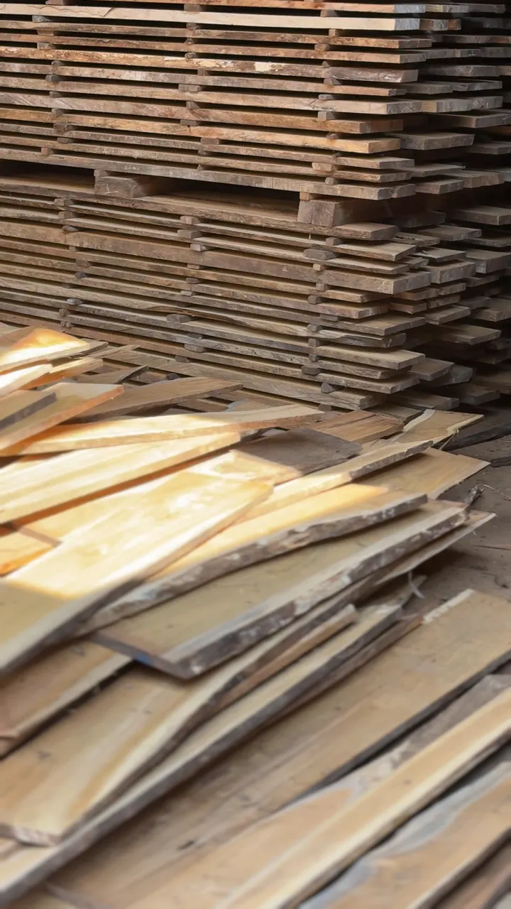 Planks stacked to the roof of the timber store