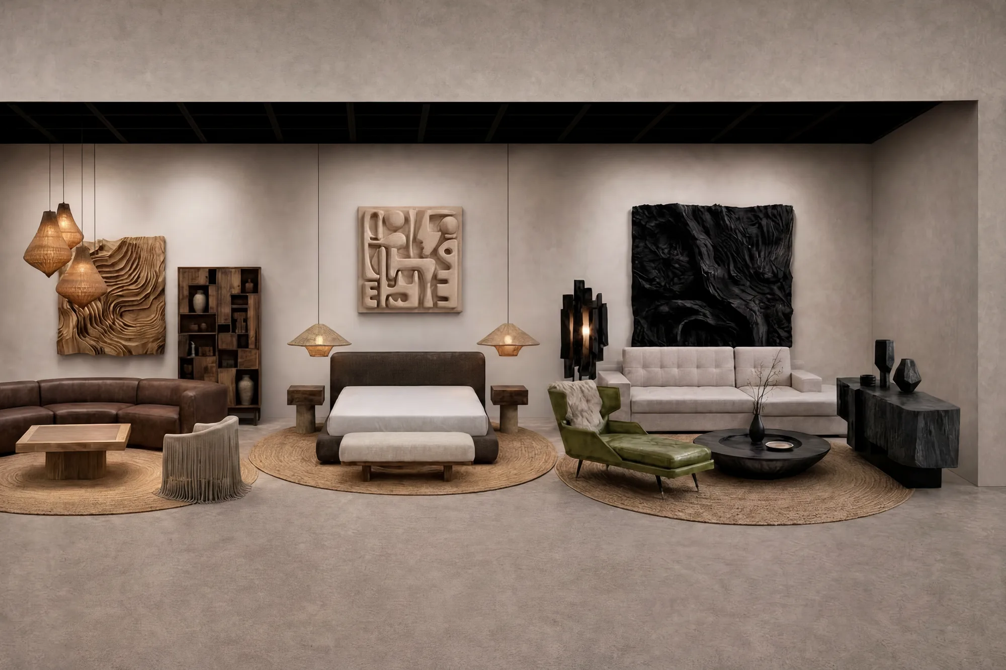 Rendering of the House of CODA stand at WestEdge Design Fair, with the IN SĪTŪ collection in three room settings