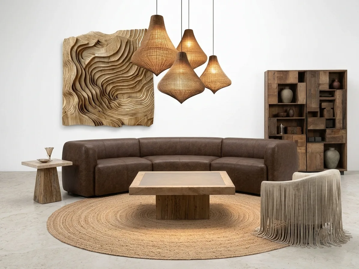 Rendering of a House of CODA curved leather sofa with IN SĪTŪ woven pendants, carved timber wall art and a square timber coffee table