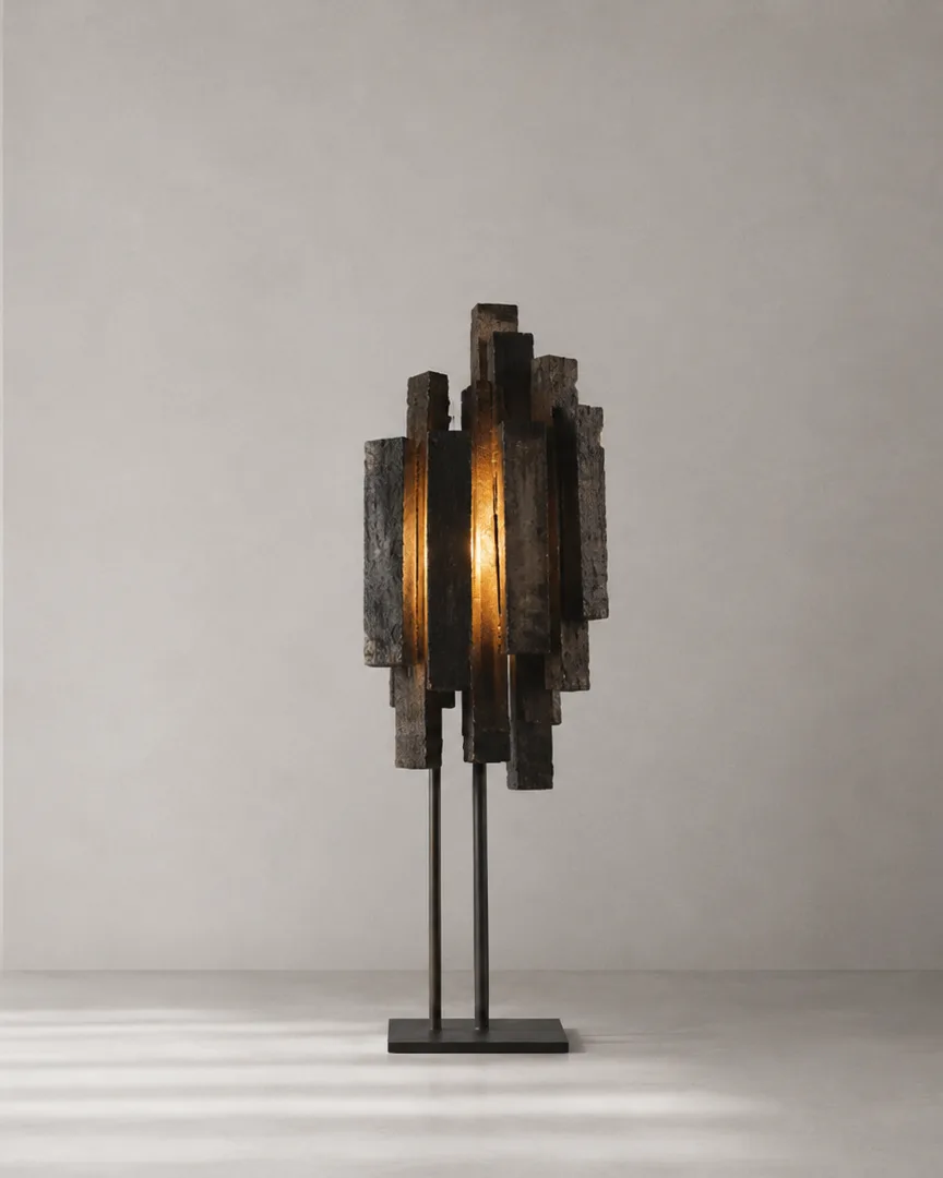 Rendering of the IN SĪTŪ floor lamp in charred timber slats
