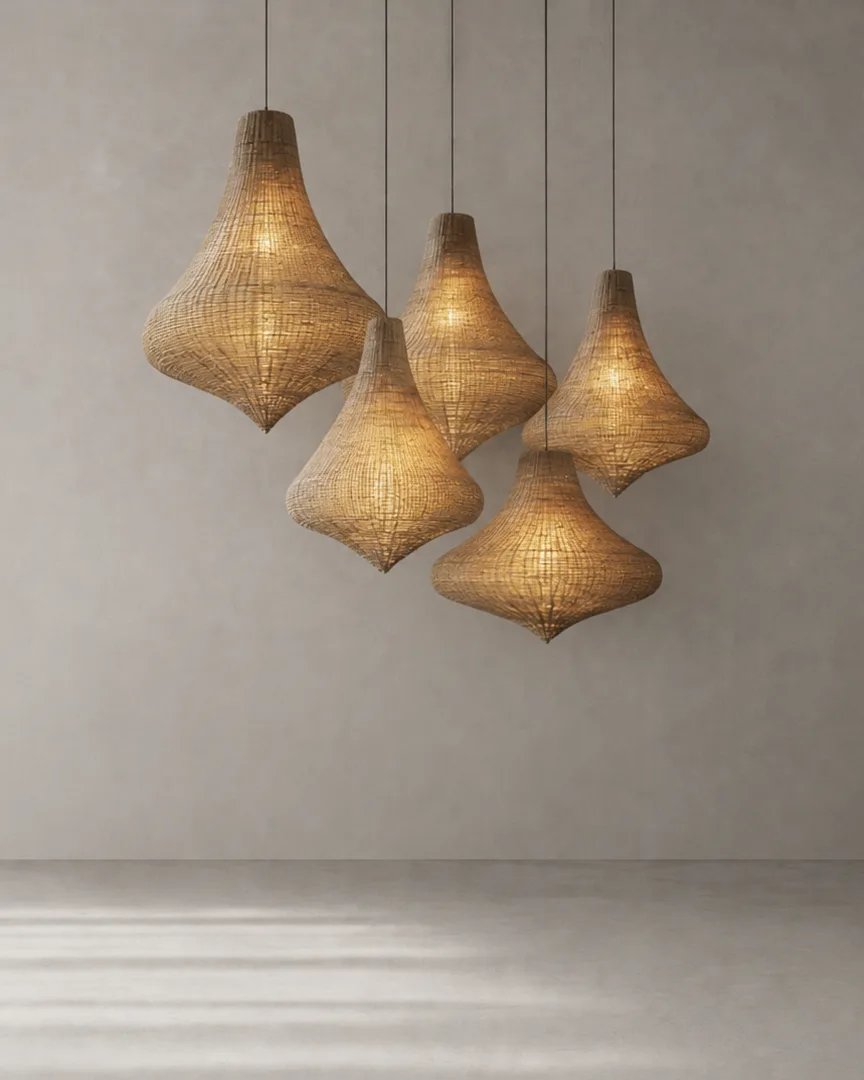 Rendering of a cluster of IN SĪTŪ woven pendant lights
