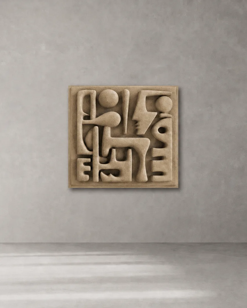 Rendering of IN SĪTŪ carved relief wall art in pale stone