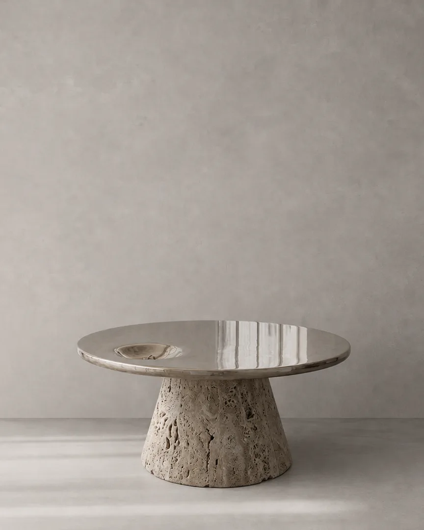 Rendering of an IN SĪTŪ pedestal table with a glossy top on a travertine base