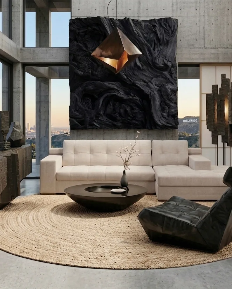 Rendering of a concrete hillside house in California with a hanging light, charred wall art and a pale sofa from the collection