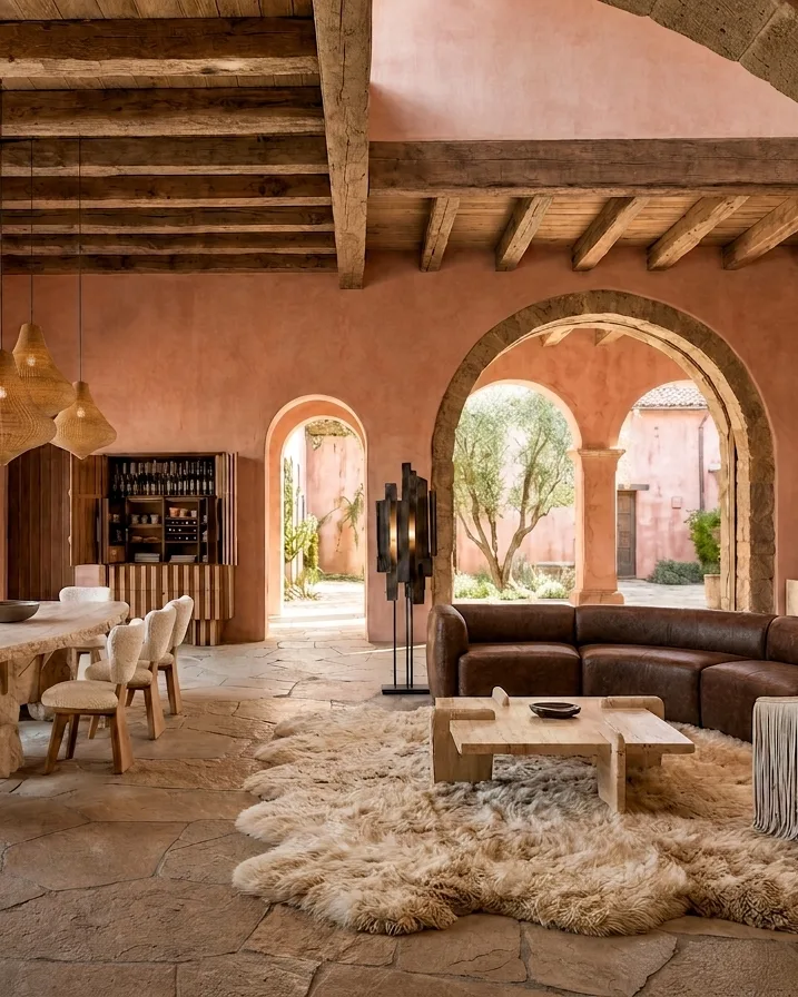 Rendering of a terracotta-plastered villa with arches and timber beams, furnished with woven pendants, a leather sofa and a floor lamp from the collection