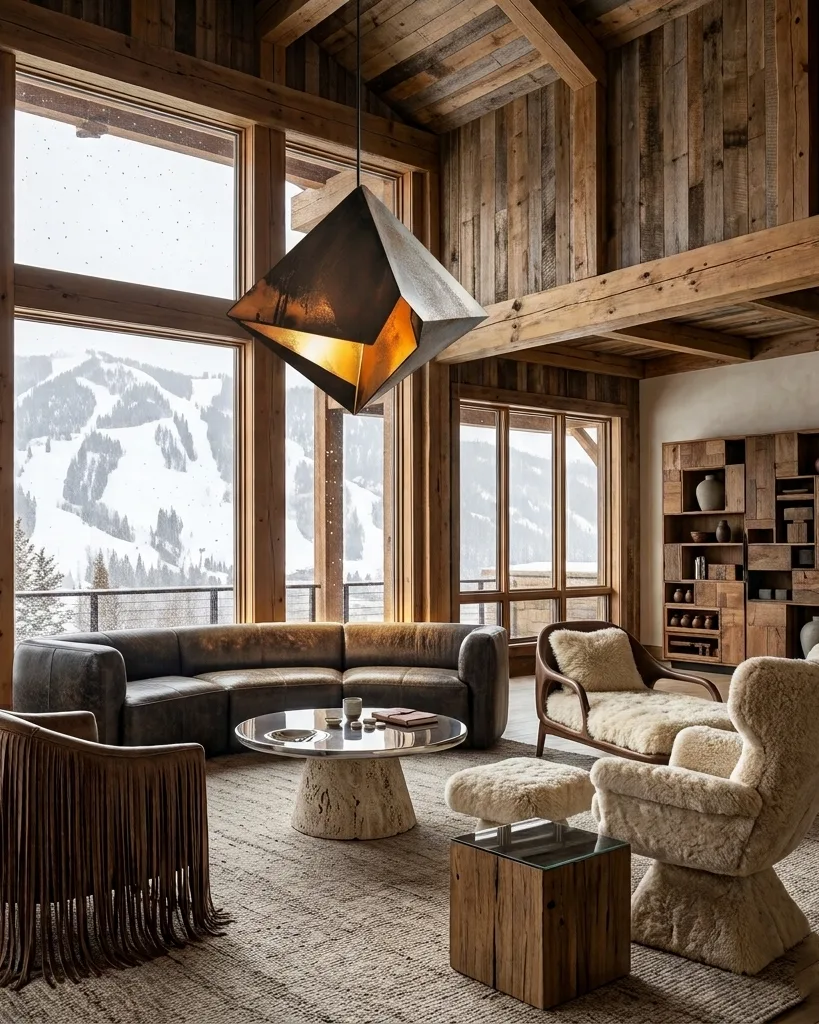 Rendering of a timber mountain lodge facing ski slopes, with a hanging light, a fringed chair and side tables from the collection