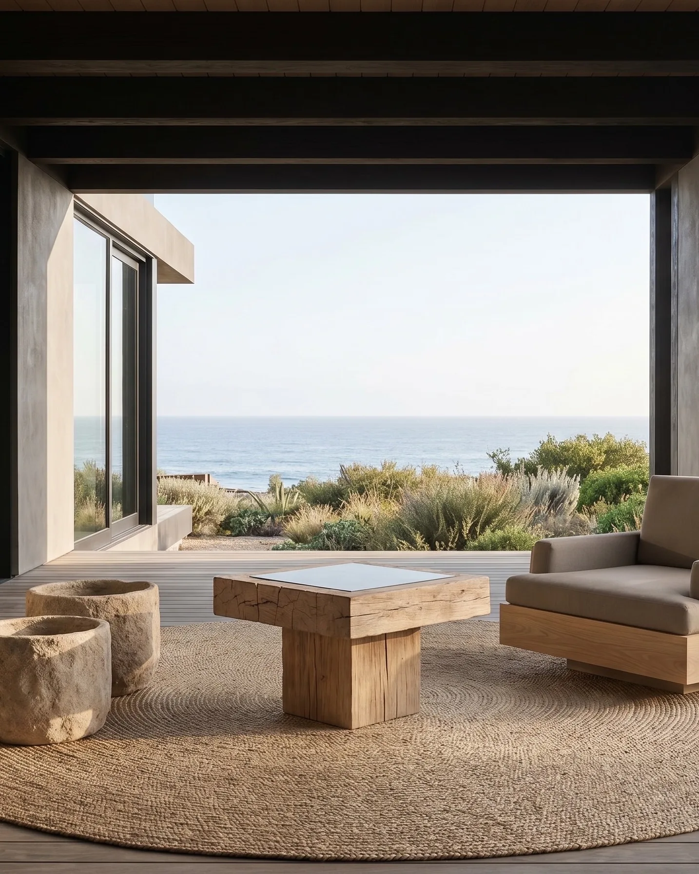 Rendering of a covered terrace above the sea with stone stools, a block coffee table and a lounge chair from the collection