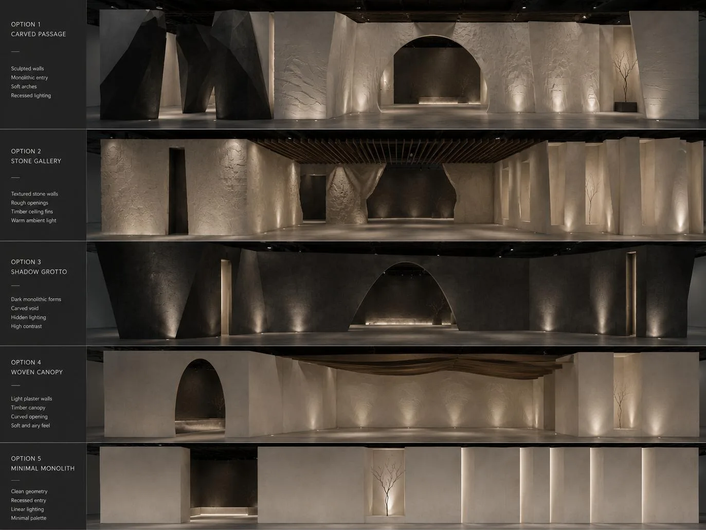 Board of five rendered stand concepts: Carved Passage, Stone Gallery, Shadow Grotto, Woven Canopy and Minimal Monolith