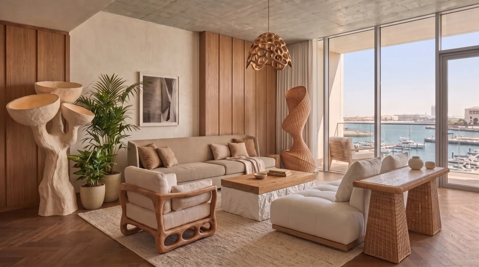 Living room over a marina, with a sculpted teak armchair, rattan console, sculpted plaster lamp and the Hive pendant