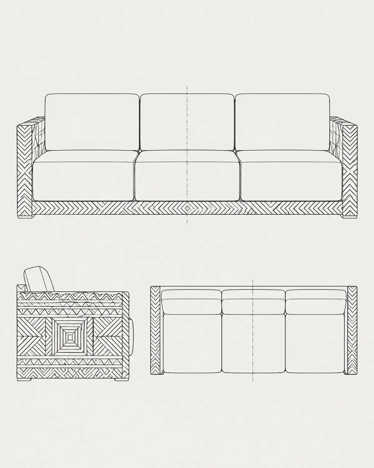 Carved sofa, line drawing