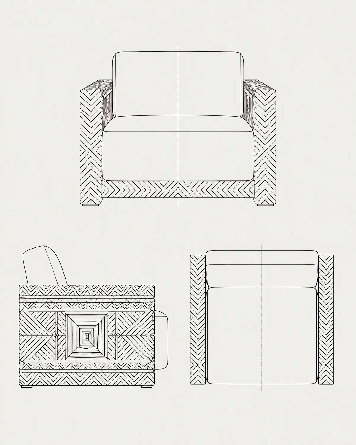 Carved armchair, line drawing