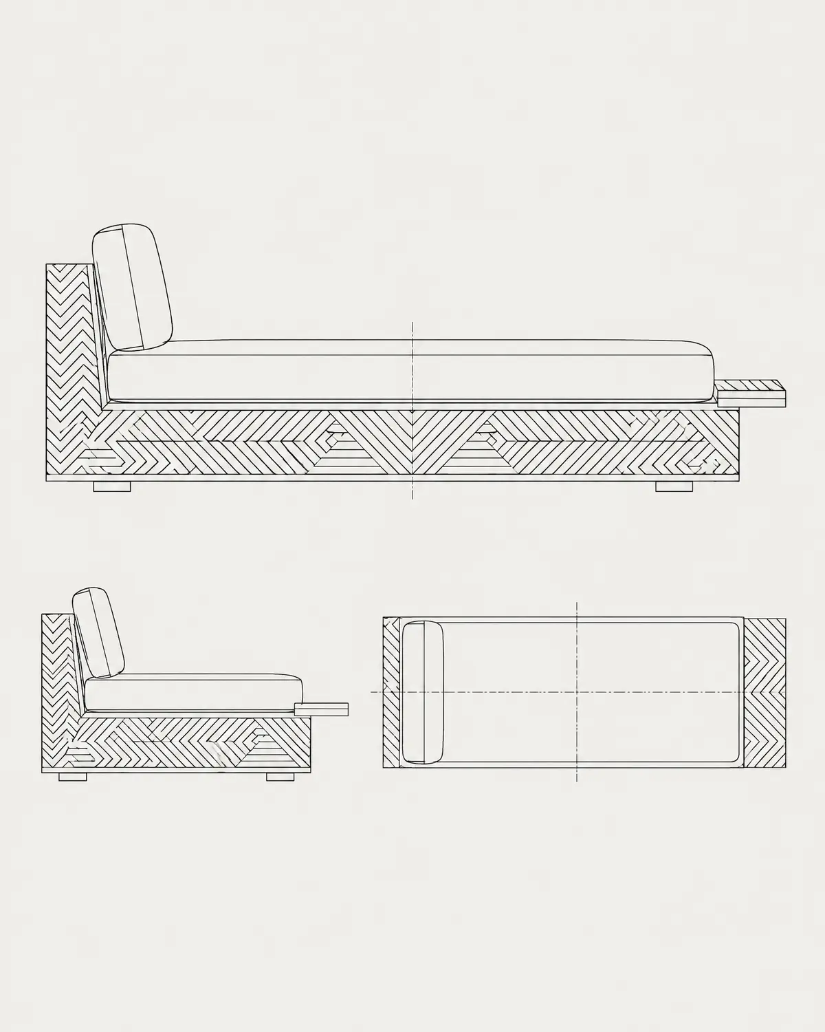 Carved daybed, line drawing