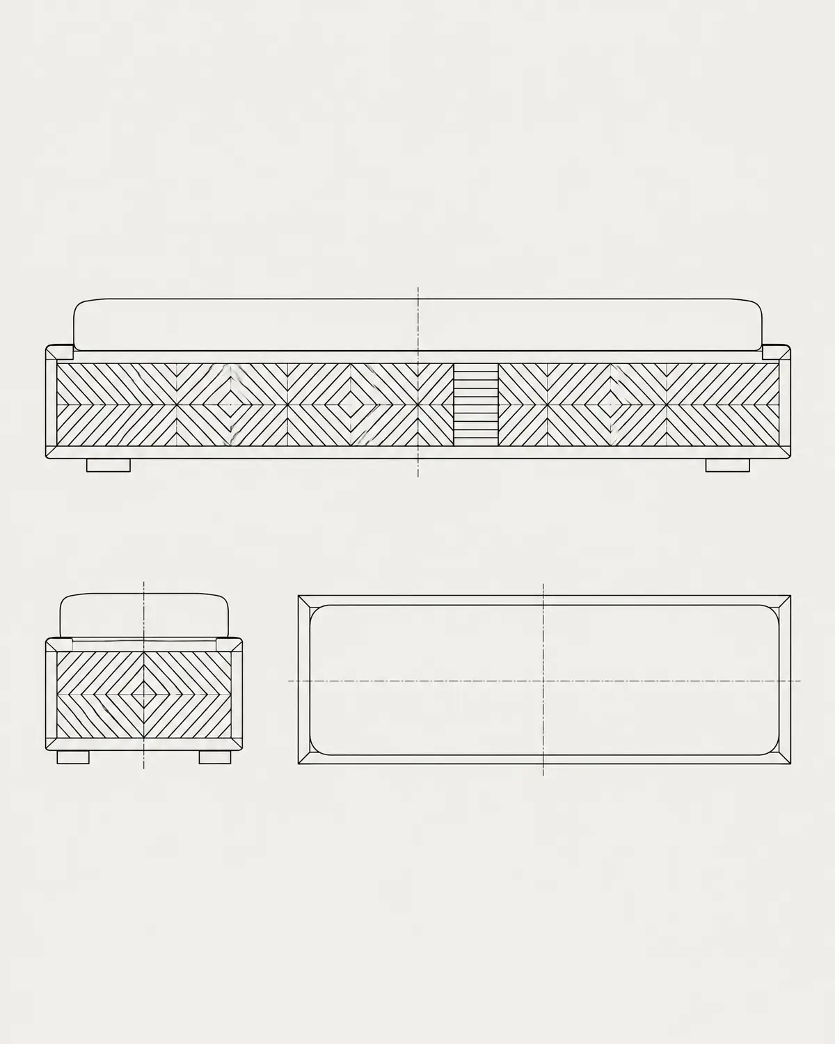 Carved bench, line drawing