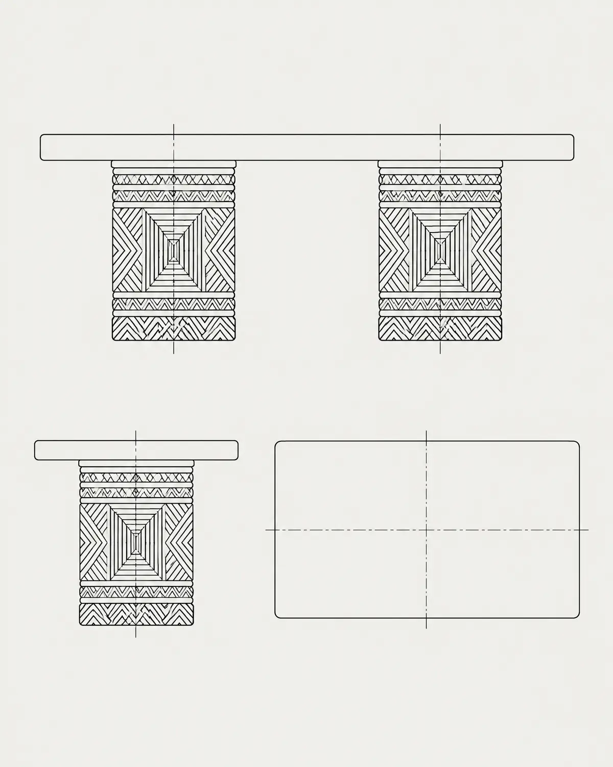 Carved dining table, line drawing