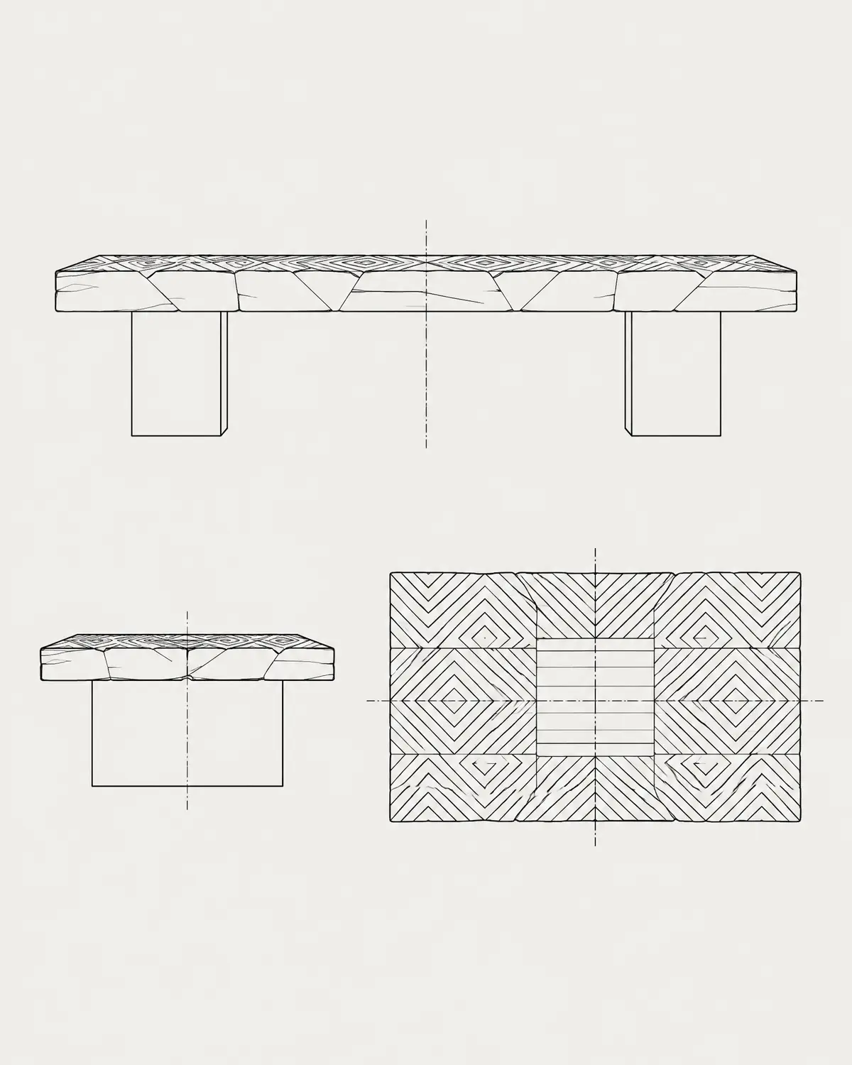 Carved coffee table, line drawing
