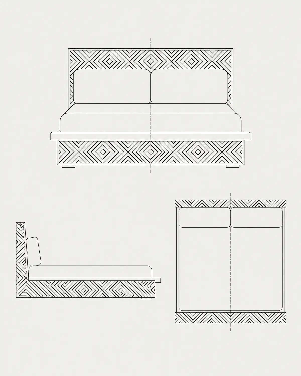 Carved bed, line drawing
