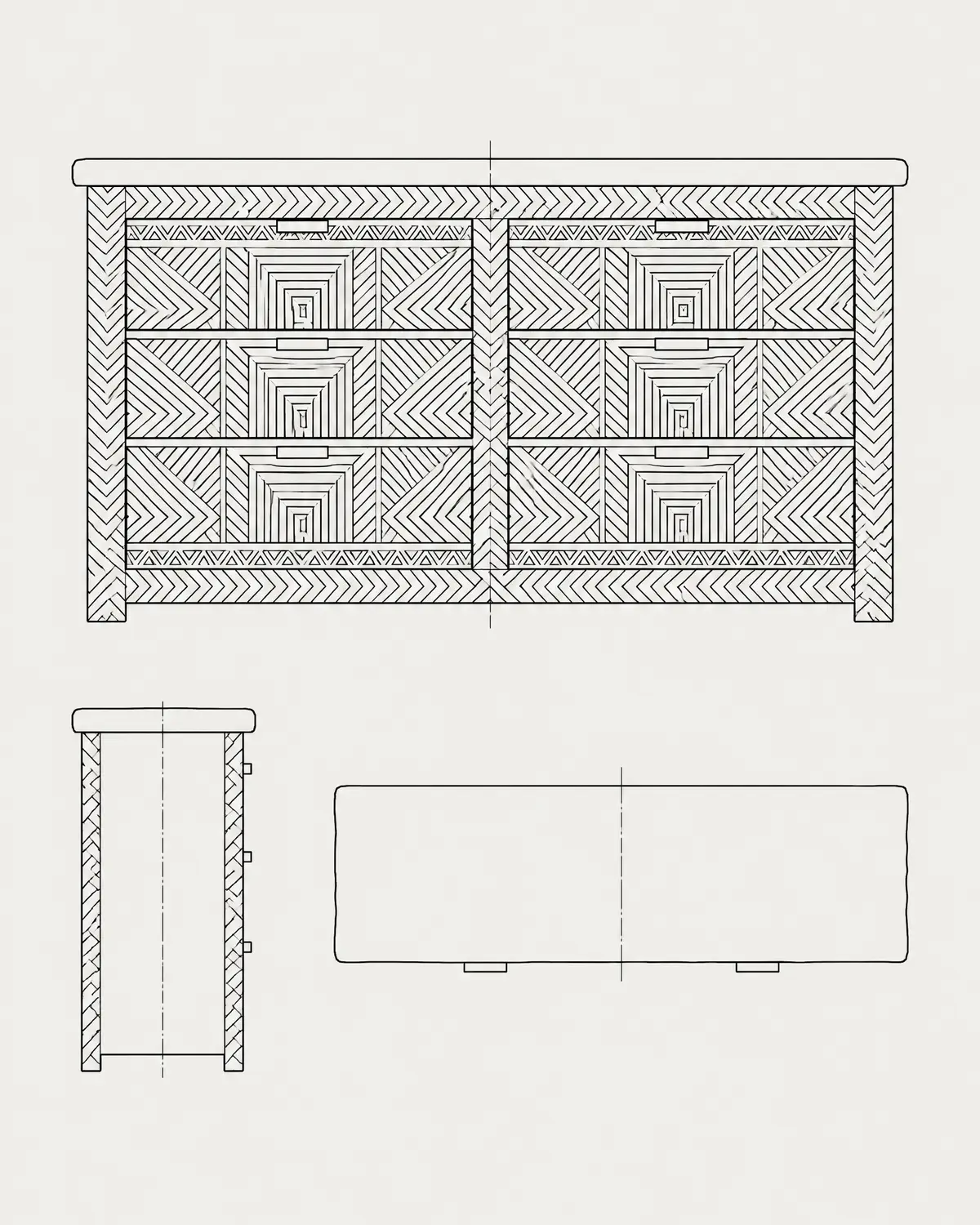Carved chest of drawers, line drawing