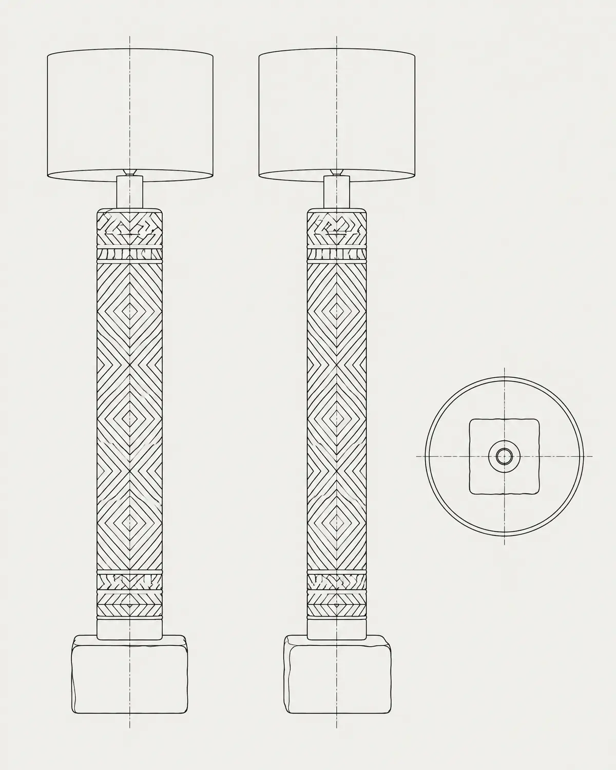 Carved floor lamp, line drawing