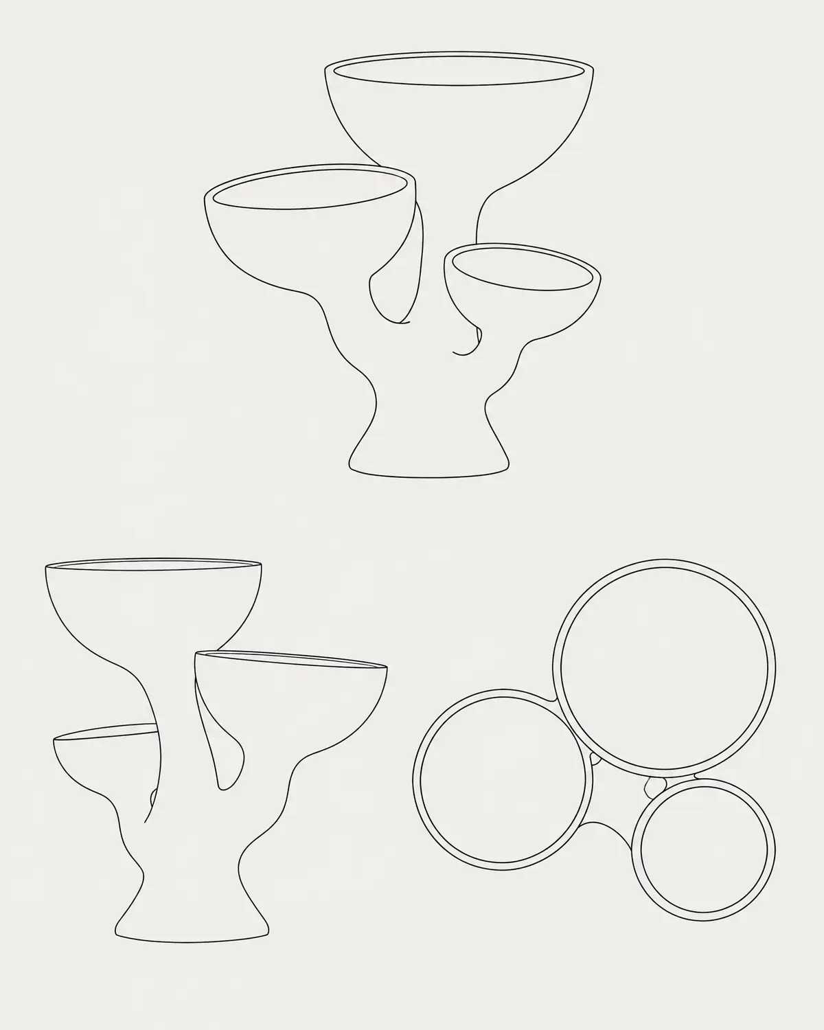 Top tiered bowls, line drawing