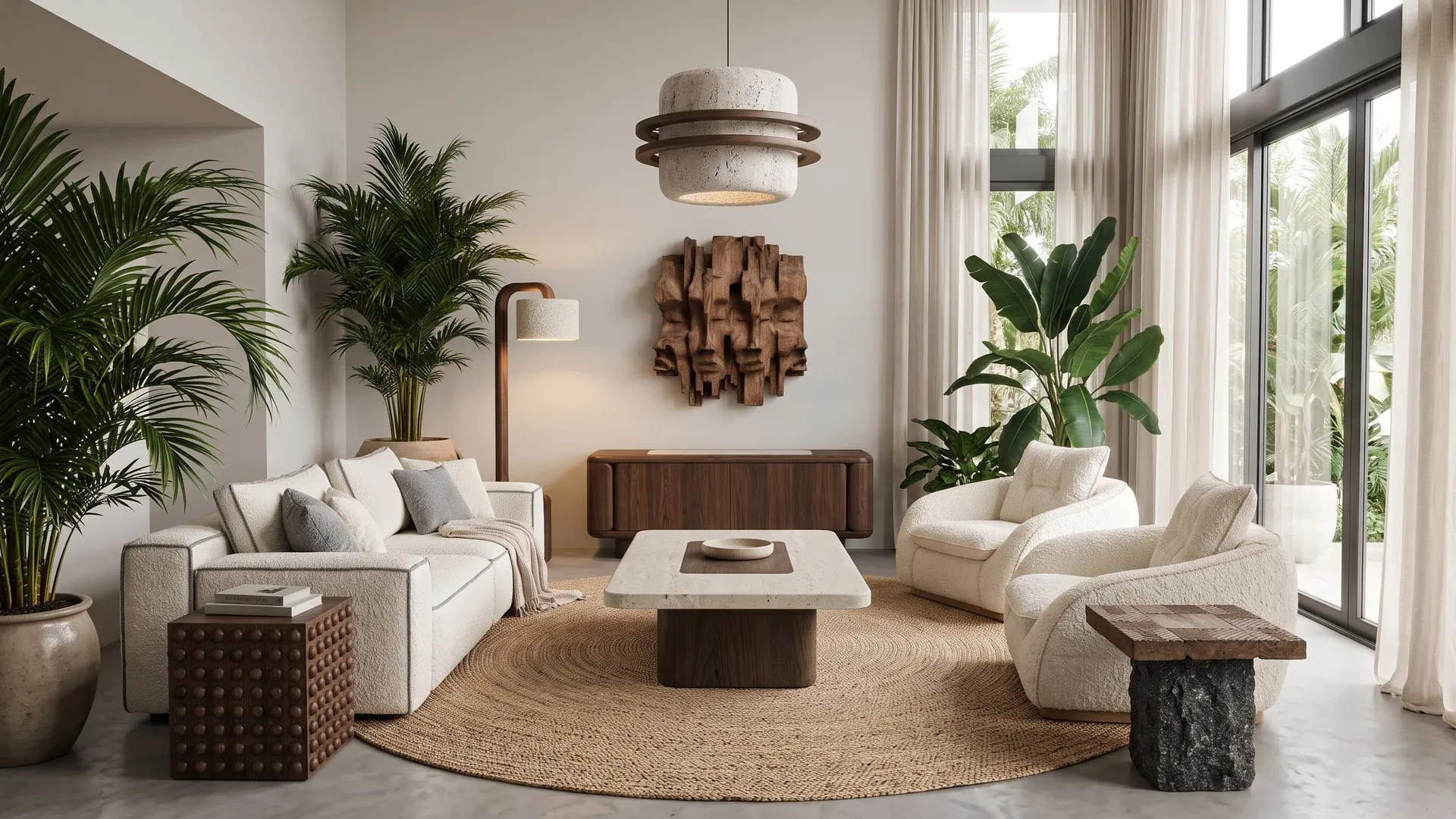 Womb, with Womb sideboard, Womb travertine coffee table, Womb pendant, Luz reading lamp, Braille side table, Nimbus armchair, Carved side table