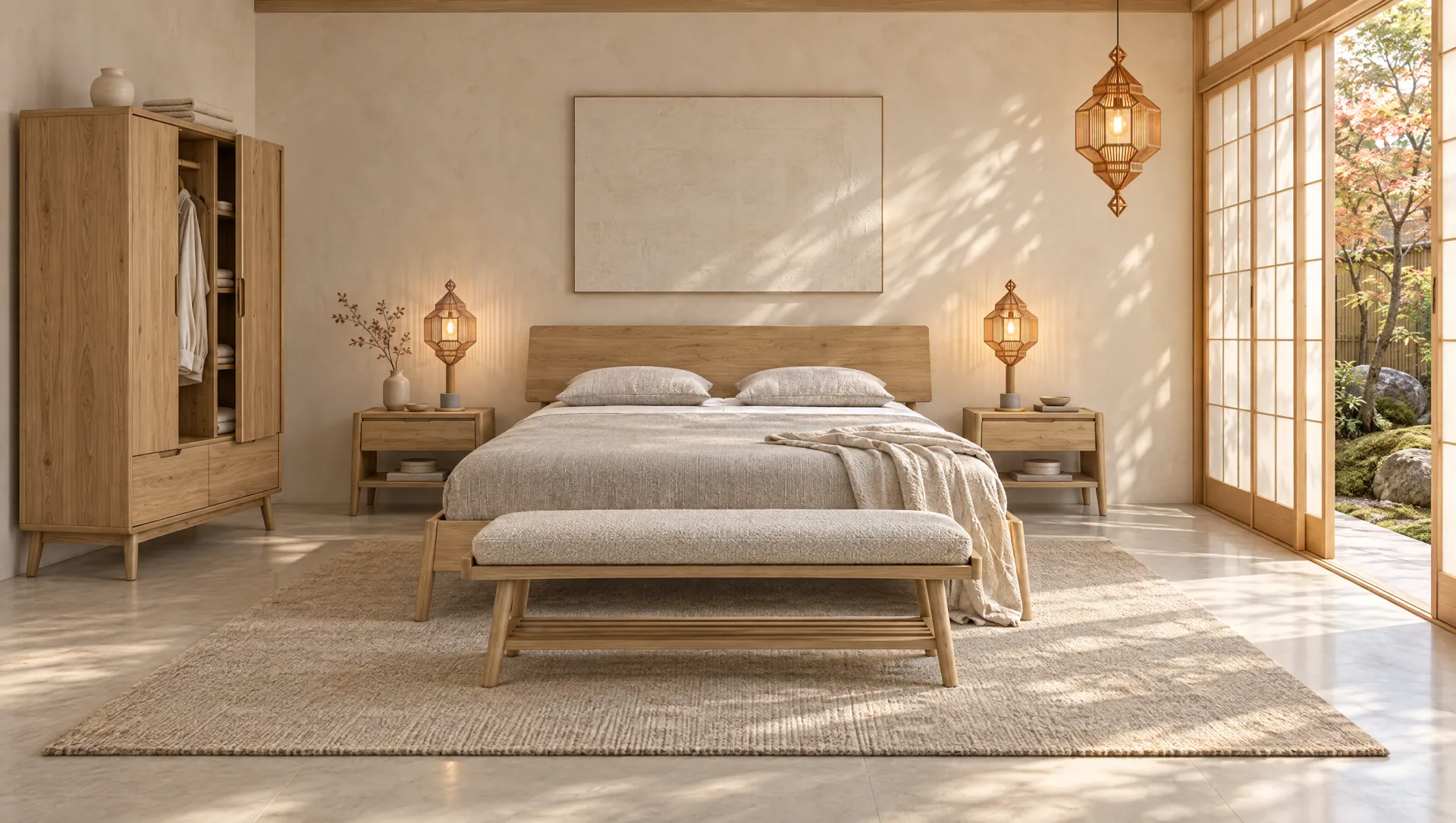 Jap and I, with Jap and I bed, Jap and I nightstand, Jap and I wardrobe, Jap and I bench, Jap and I lantern pendant, Jap and I lantern table lamp