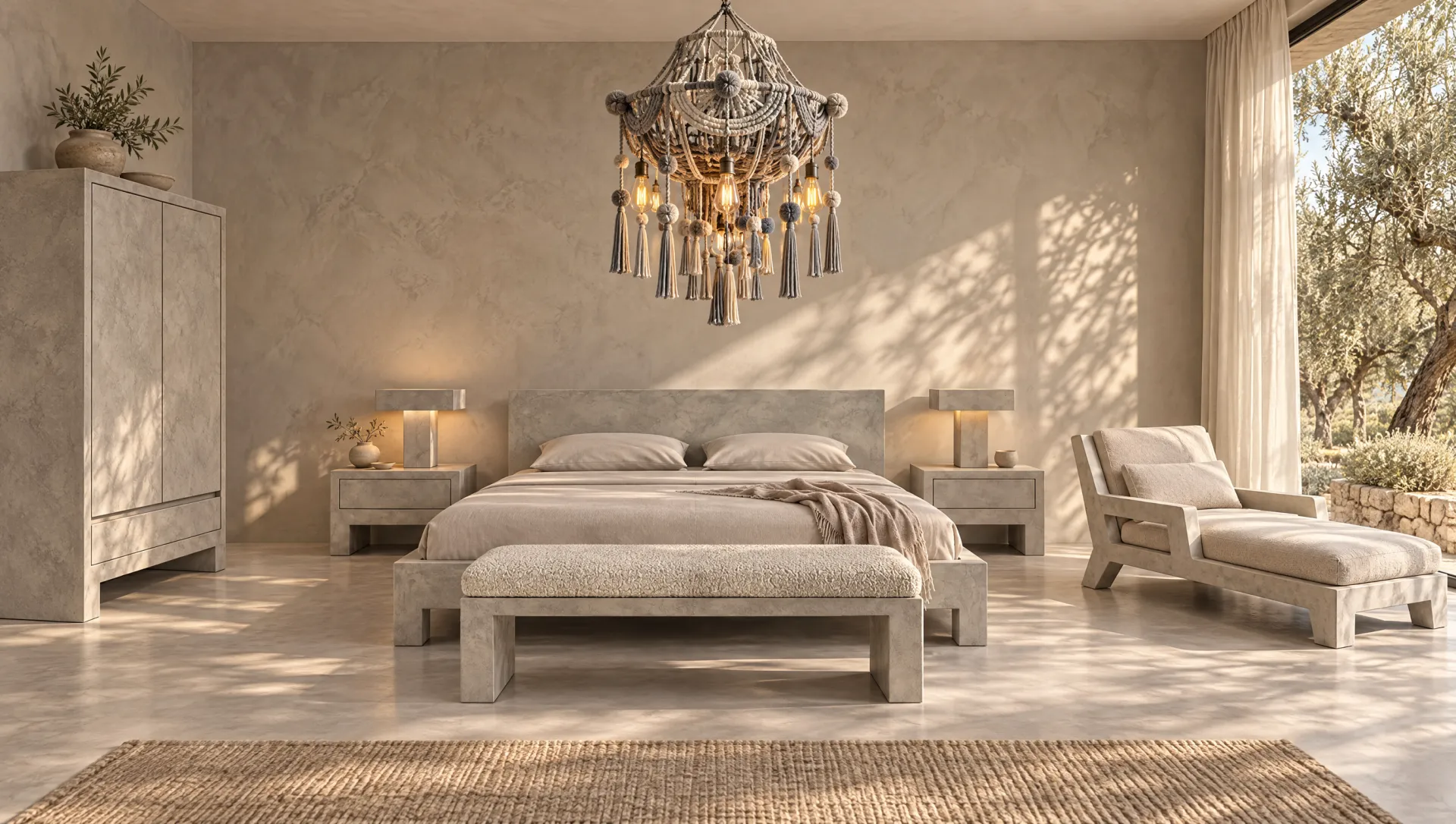 Fade2Grey, with Fade2Grey nightstand, Fade2Grey table lamp, Fade2Grey bed, Fade2Grey wardrobe, Fade2Grey upholstered bench, Fade2Grey chaise, Fade2Grey macramé chandelier