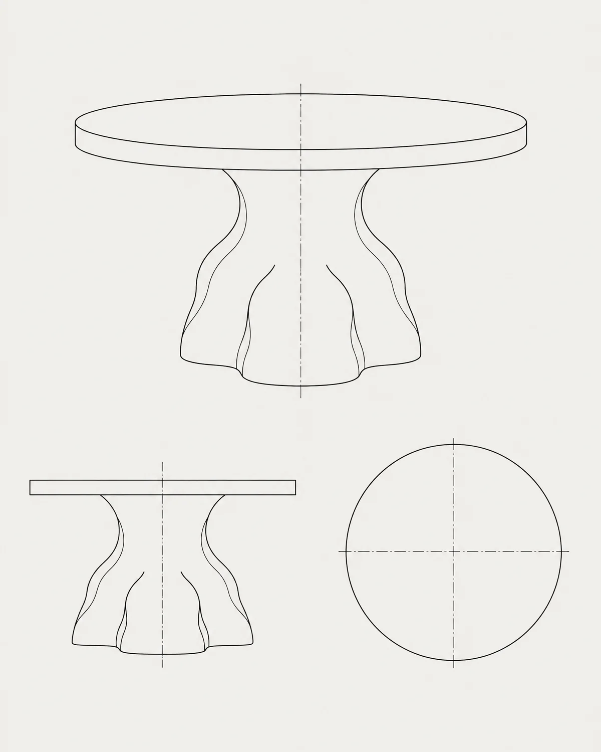 Pedestal dining table, line drawing