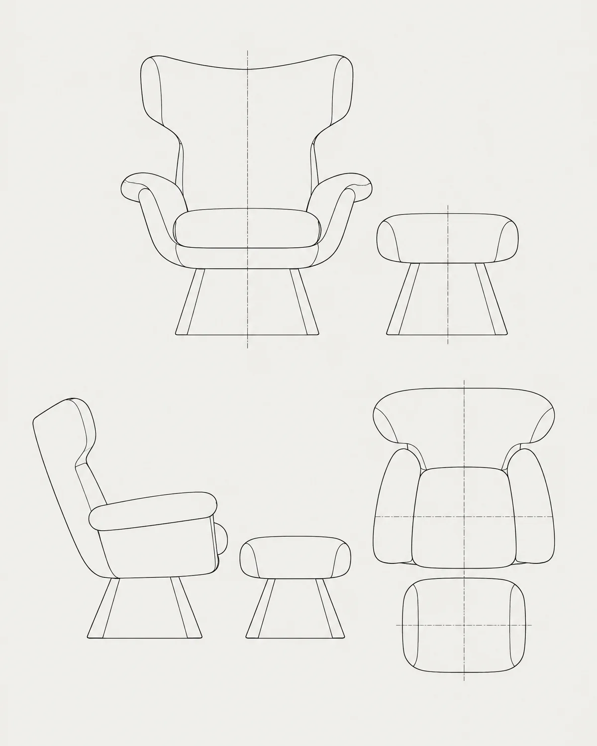 Shearling chair and ottoman, line drawing