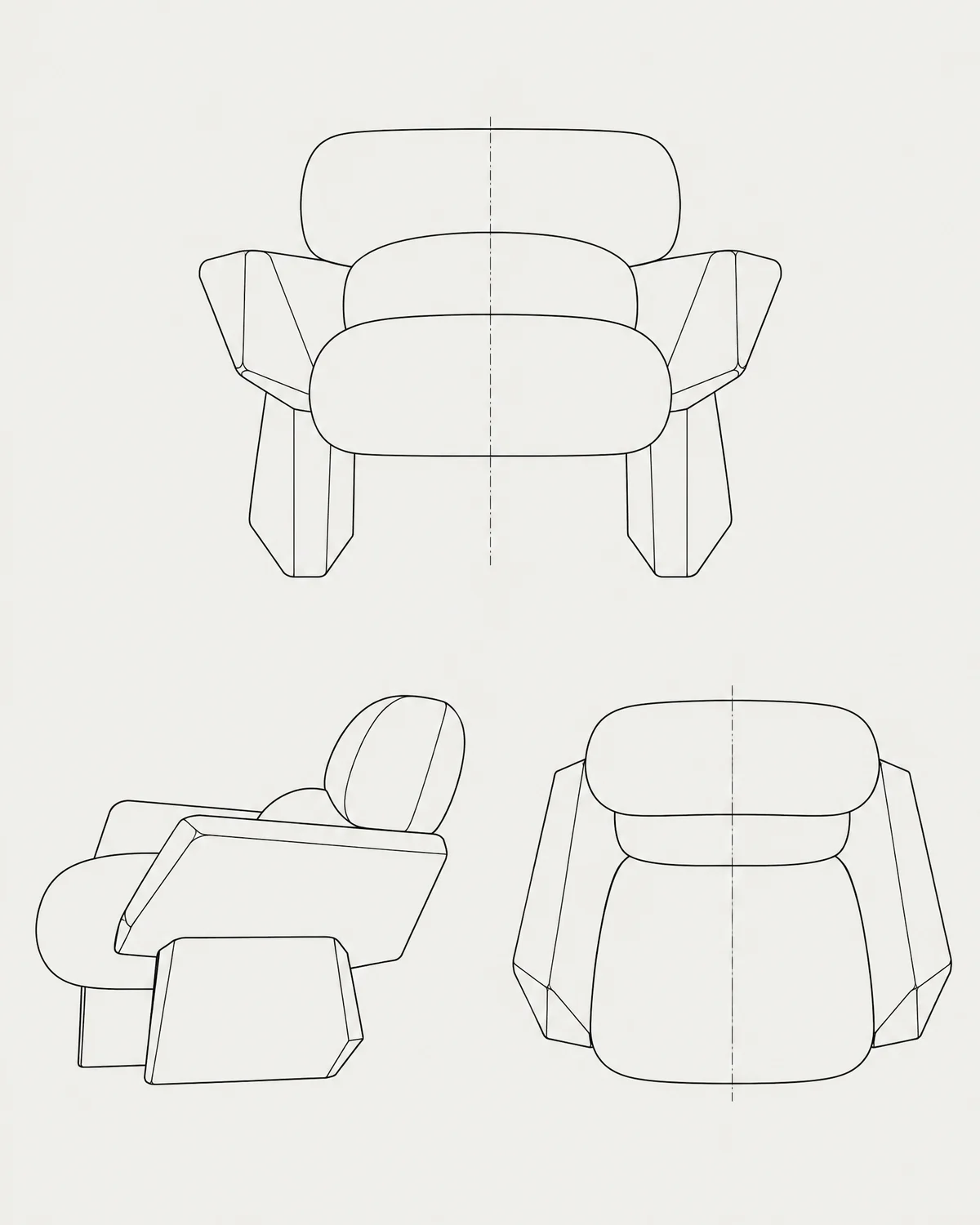 Faceted armchair, line drawing