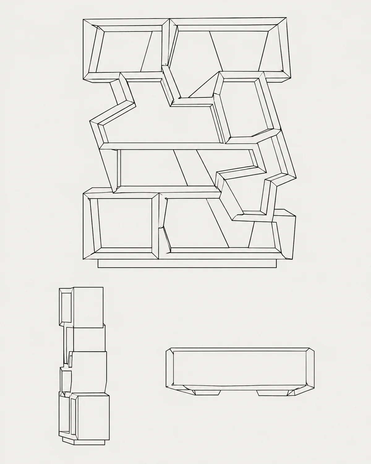 Fractured bookcase, line drawing