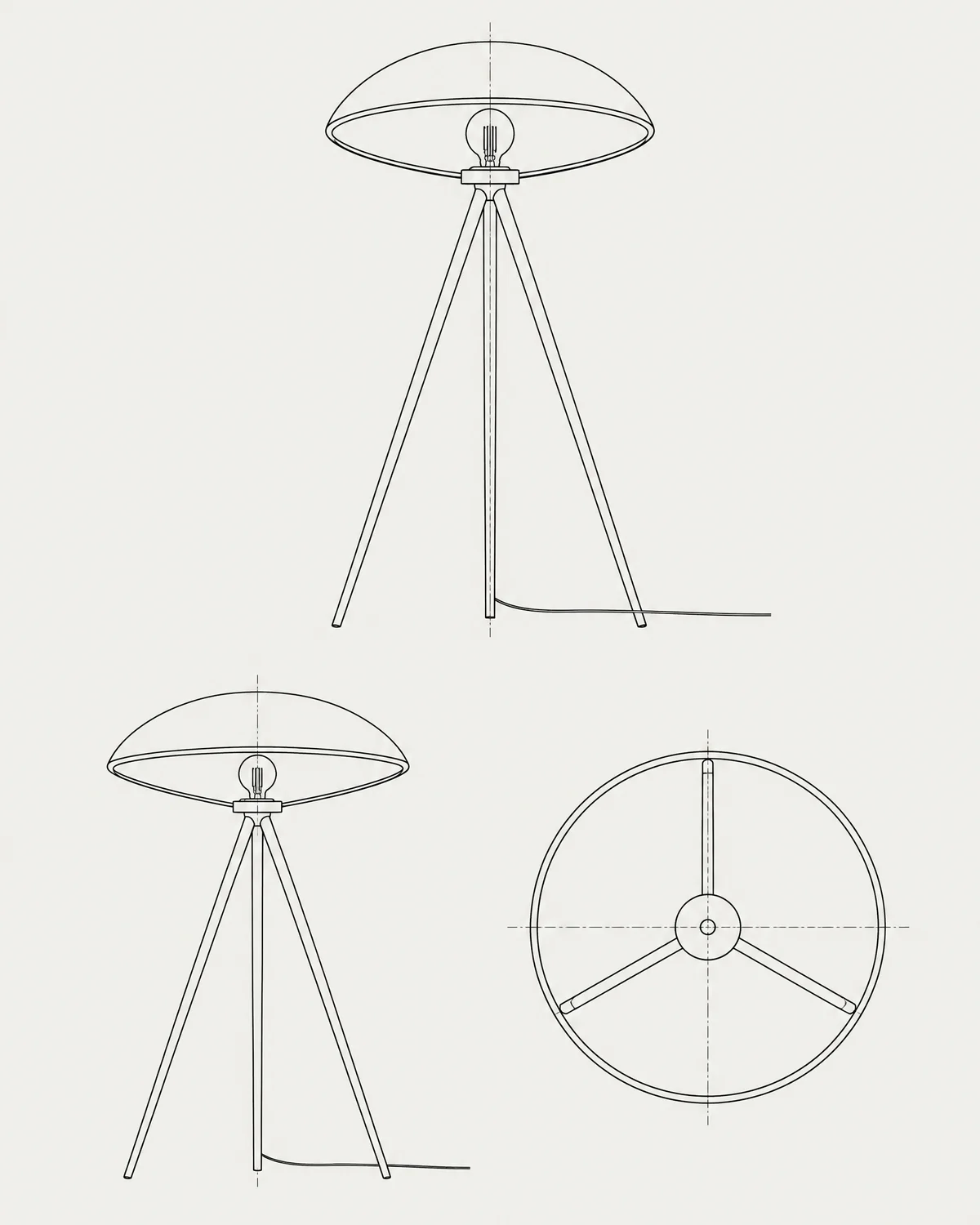 Tripod floor lamp, line drawing