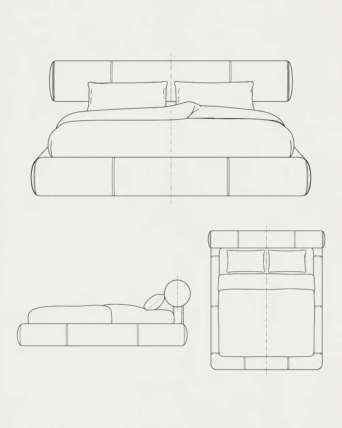 Bolster bed, line drawing
