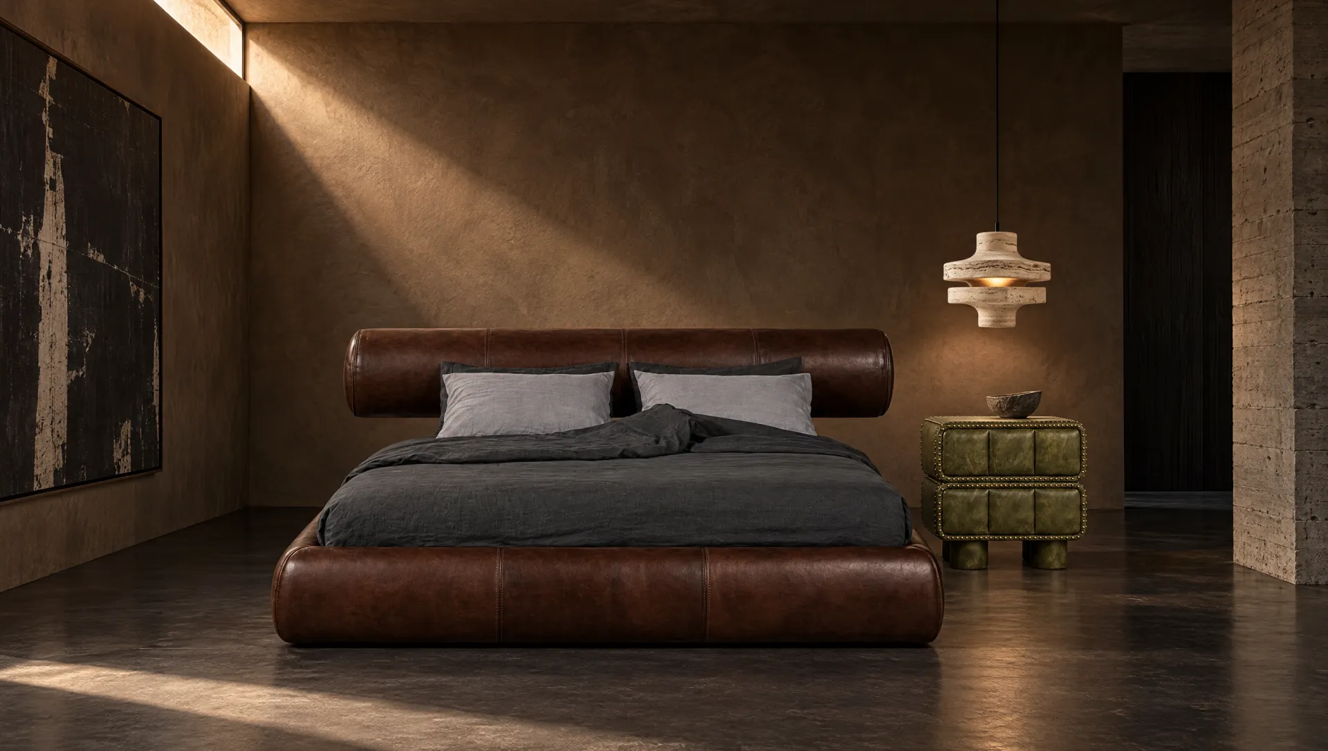 Bedroom, with Bolster bed, Padded nightstand, Travertine pendant