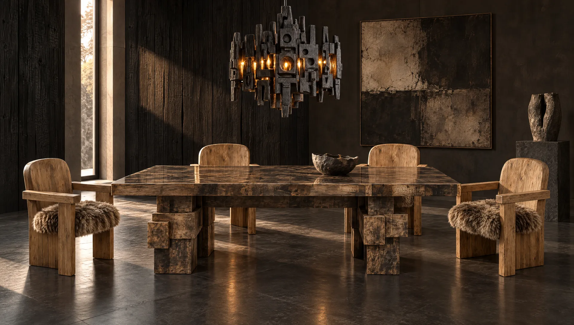 Dining room and kitchen, with Block dining table, Dining armchair, Totem chandelier
