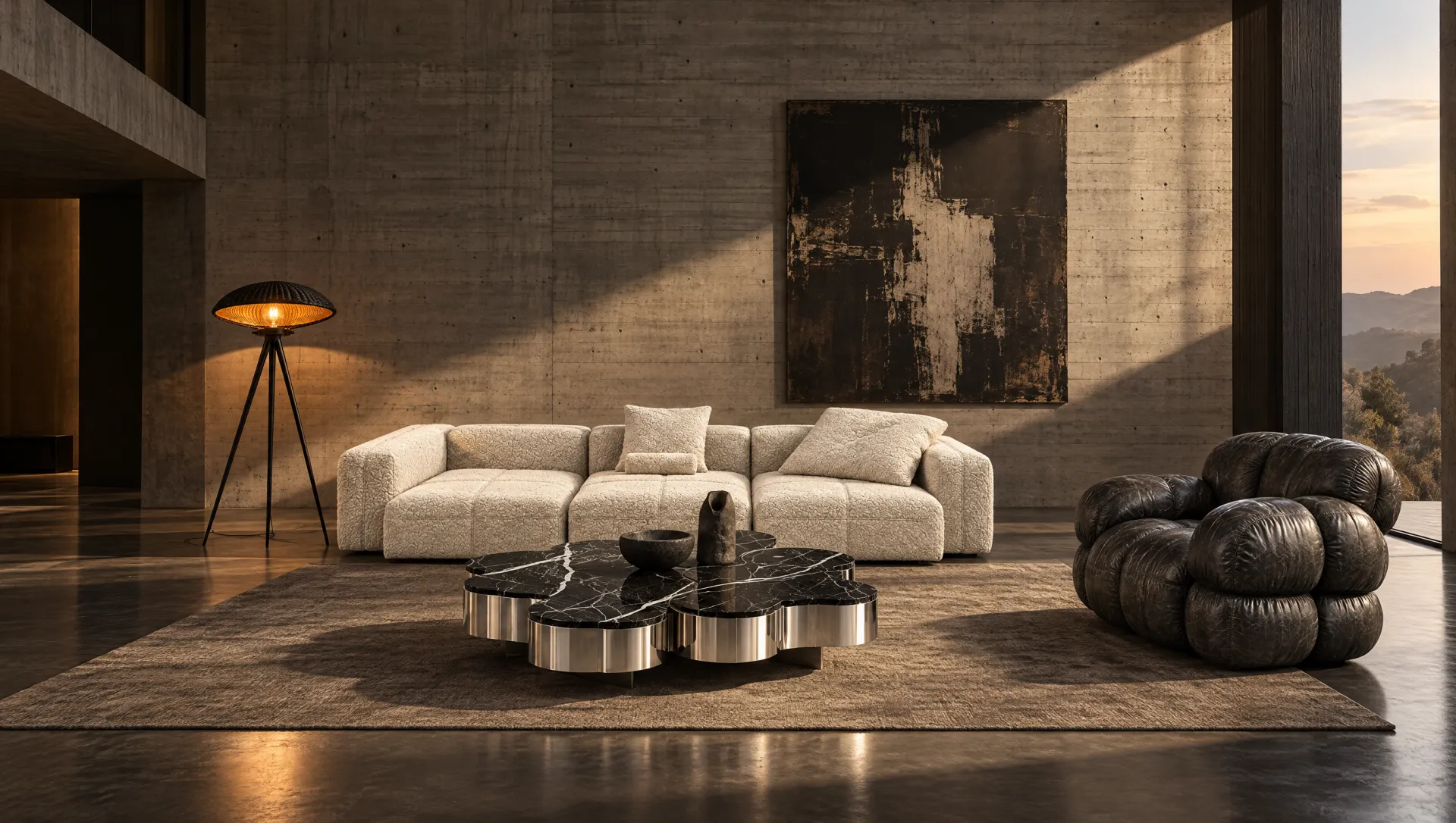 Living room, with Modular sofa, Cloud coffee table, Cloud armchair, Tripod floor lamp