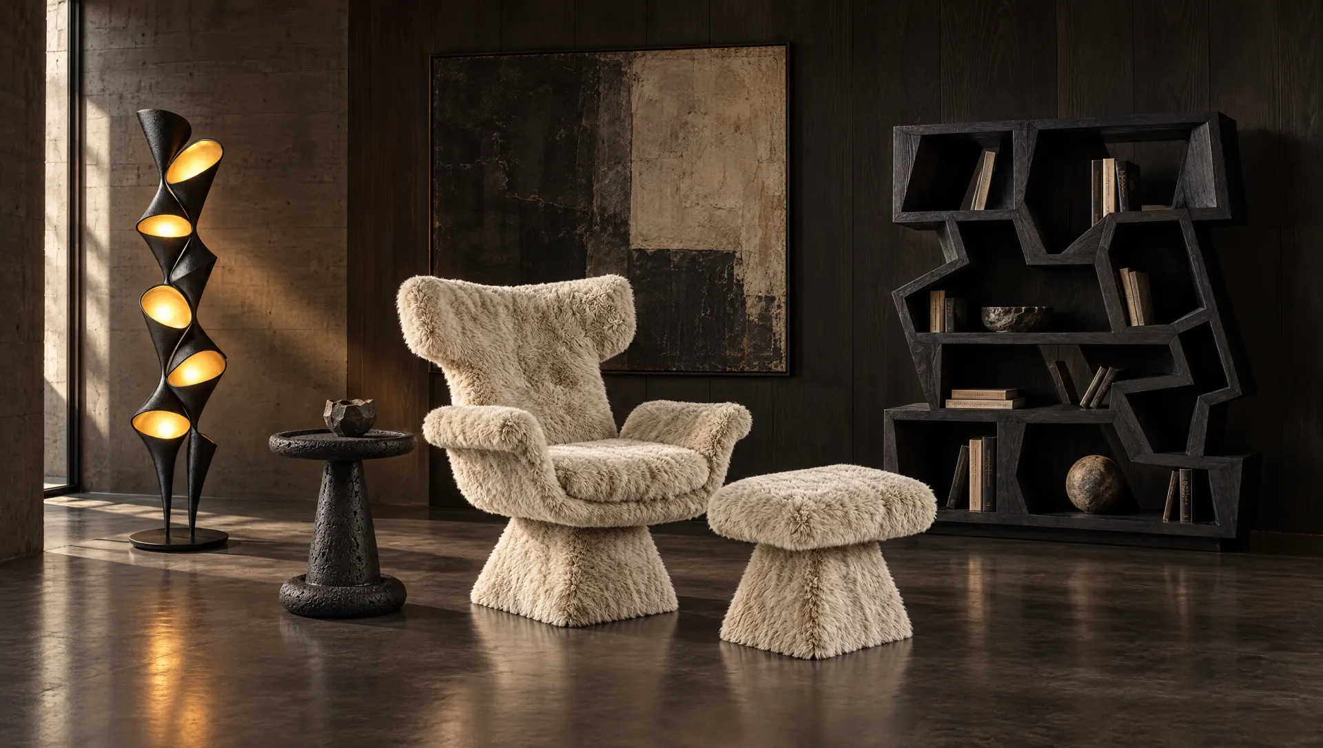 Reading corner, with Shearling chair and ottoman, Lava stone side table, Fractured bookcase, Spiral floor lamp