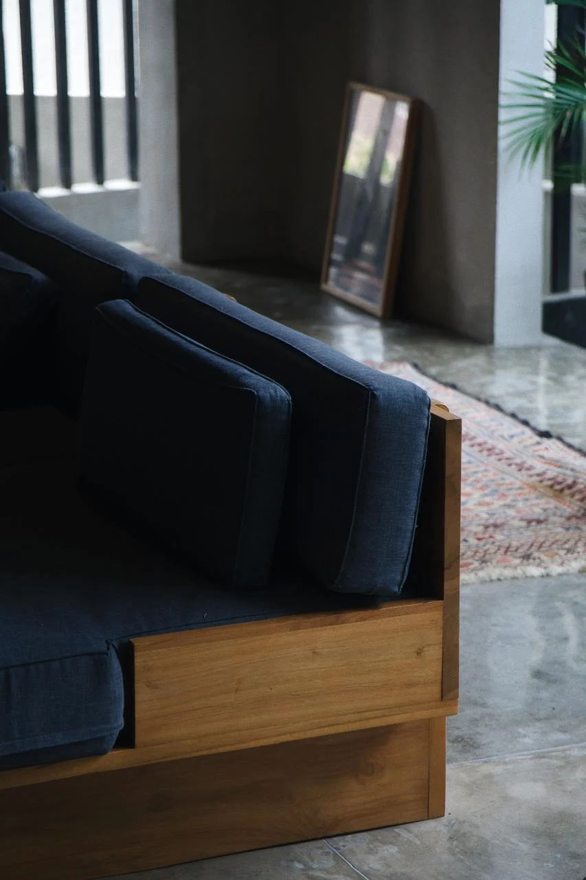 Custom bar area with rich teak cabinetry and vintage-inspired detailing, Surf Motel Bali