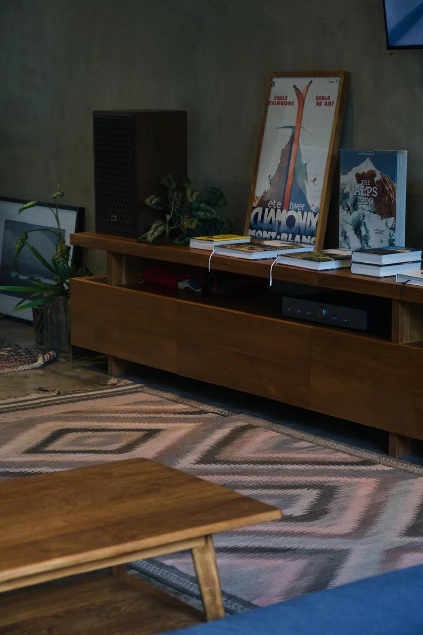 Bespoke teak dining furniture with eclectic surf culture décor, Echo Beach Canggu